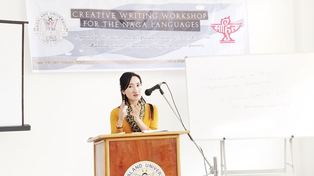 Fiction writer, Avinuo Kire speaking in one of the sessions at the three-day creative writing workshop for the Naga Languages held at Nagaland University on October 28. (Morung Photo)